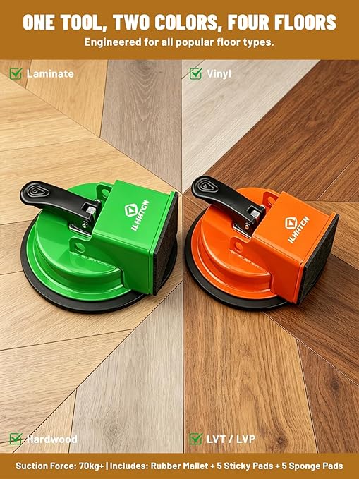 Laminate Floor Gap Fixer Tool Repair Kit, LVP Flooring Suction Cup Tool for Gaps, Heavy Duty Joint Puller Tools with 5 Reusable Sticky Pads & Rubber Mallet, Professional Hardwood Plank Closer (Green)