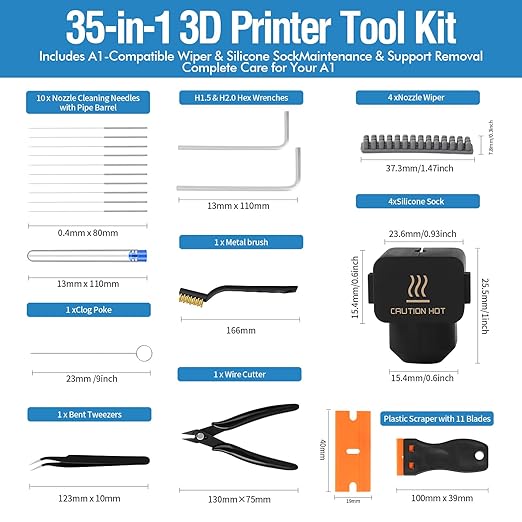 35Pcs 3D Printer Tool Kit Compatible with Bambu Lab A1-4X Nozzle Wiper, 4X Silicone Sock, Clog Poke, Scraper, Flush Cutter & Tweezers for 3D Printer Maintenance, Cleaning & Removal