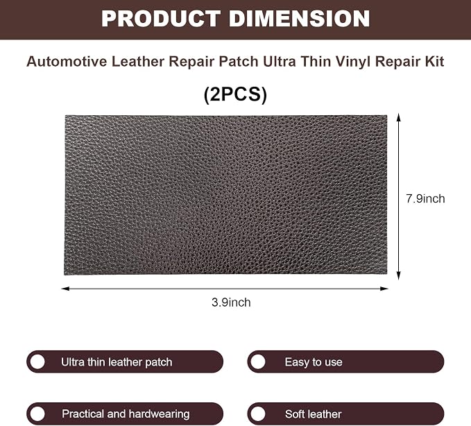 2 PCS Leather Repair Patch Tape, 4 x 8 Inch PU Vinyl Repair Patches for Car Upholstery Seat, Waterproof Self Adhesive Leather Tape Repair Kit for Furniture Couches Chairs (Gray)