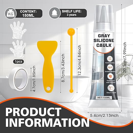 Gray Silicone Caulk, Waterproof Silicone Sealant, Weather Resistant & Flexible for Kitchen and Bath, Shower, Tub, Window, Shrink & Crack Proof Indoor & Outdoor Use Caulk, 150g
