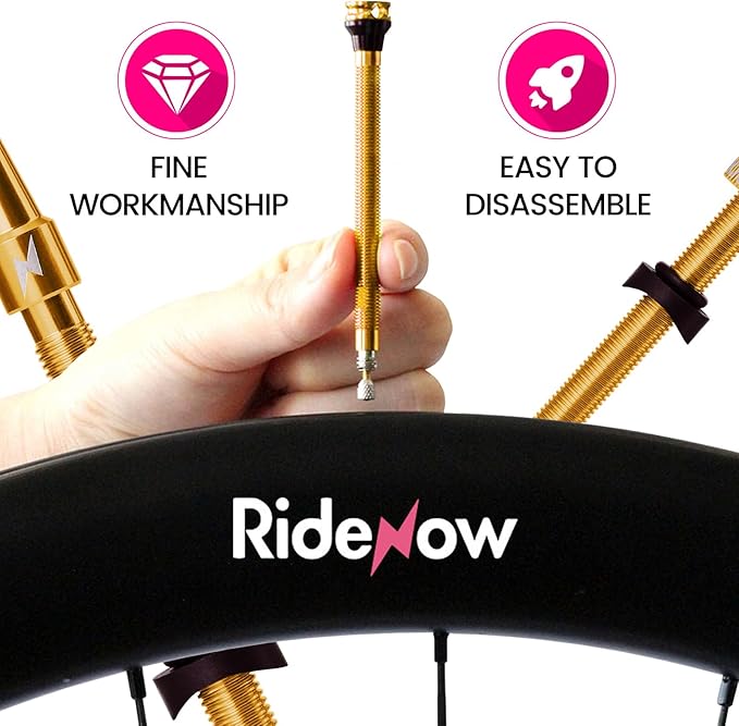 RideNow Tubeless Presta Valve Stems, 45mm Super Light 7075 Aluminum Alloy Presta Tubeless Valve Stem Kit with Valve Core Remover Tool and Valve Stem Caps, Multiple Color and Size Options(Pair), Gold