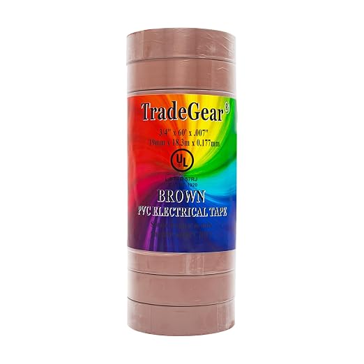 TradeGear Brown 10 Pack - UL Listed Colored Electrical Tape, 60 ft x 3/4 in, 600V, Flame Retardant, Waterproof, Rubber Adhesive - Phase Marking, Wire ID, Automotive