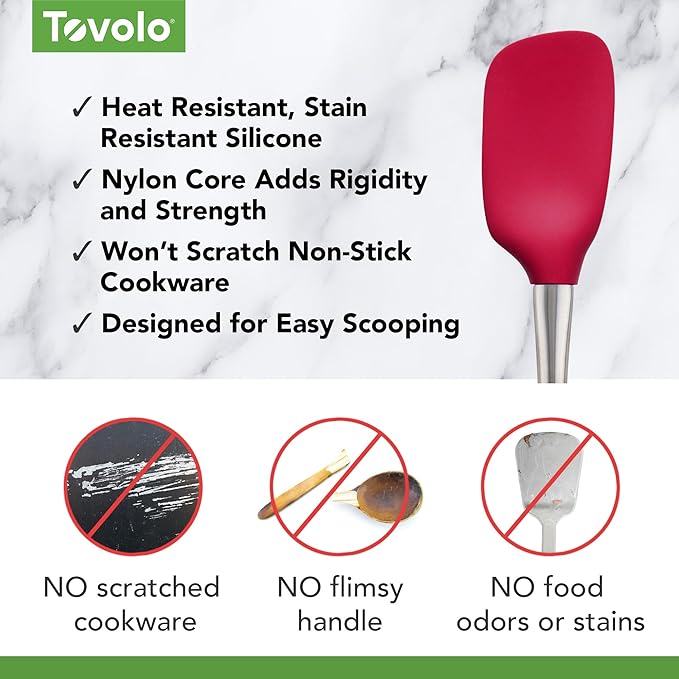 Tovolo Spoon Spatula Spoonula with Stainless Steel Handle Ergonomic Grip Viva Magenta, Silicone Scoopula Kitchen Utensil Non Scratch Easy Clean Dishwasher Safe Heat Resistant Flex Core Scoop Spatula