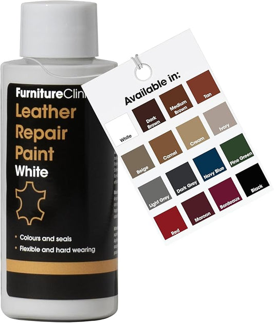 Furniture Clinic Leather Repair Paint | 2-in-1 Seal and Color | Use on Scratches, Tears, and Holes in Car Seats, Furniture | Quick and Easy Leather Repair Kit for Furniture (White, 50ml / 1.7oz)
