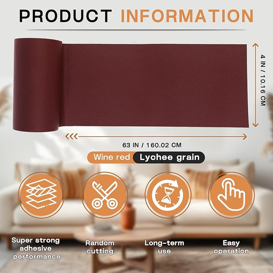 Leather Repair Patch, 4 x 63In Self Adhesive Leather Repair Tape for Furniture, Vinyl Repair Tape for Repairing Vinyl, Couch, Sofa, Car Seats, Car Interior (Wine red)