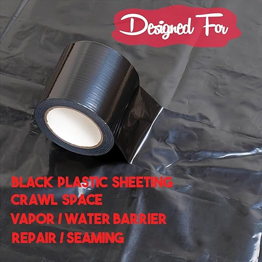 Black Seal Tape, 4" x 100' Vapor Barrier Tape Polyethylene Sealing Moisture Barrier Seam, Black Vinyl Tape for Crawlspaces, Repair, Underlayment Seams, Metal Building Seams