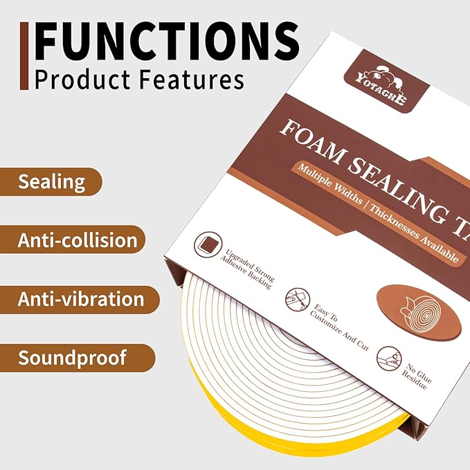 Yotache White Foam Rubber Seal Strip Tape 2" x1/8", Adhesive Closed Cell Foam Weather Stripping Tape, Total 16 Feet Long