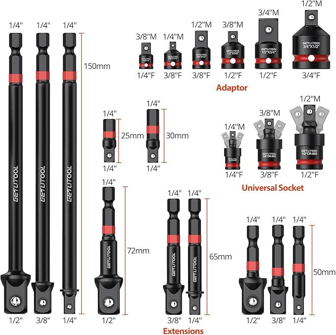 GETLITOOL 20Pcs Socket Adapter Set, Universal Joint Socket Set with Drive Adapters & Extension Bars, 42CRMO Steel, Rust-Resistant, EVA Foam Organizer for DIY, Automotive, and Repairs