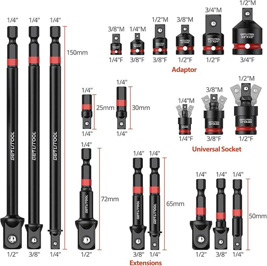 GETLITOOL 20Pcs Socket Adapter Set, Universal Joint Socket Set with Drive Adapters & Extension Bars, 42CRMO Steel, Rust-Resistant, EVA Foam Organizer for DIY, Automotive, and Repairs