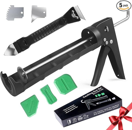 Caulking Gun Kit – 10oz Silicone Caulk Gun No Drip with Caulk Remover and 3 Silicone Finishing Tools for DIY Home Sealing & Repair – Gift Box Included