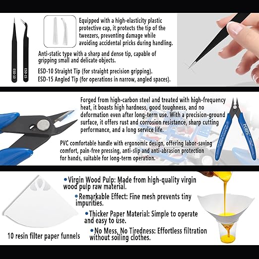 52 Pcs Resin 3D Printing Tool Kit with 304 Stainless Steel Resin Filter Funnel，Silicone Pad, Scraper，Tweezers & Cleaning Tools | Accessories for Model Removal, Resin Recycling & Post-Processing