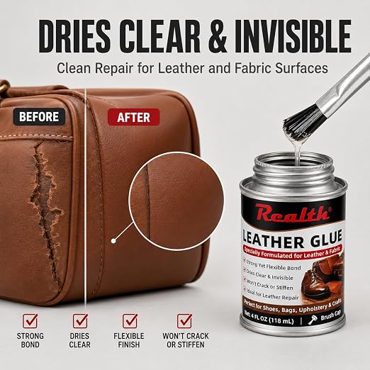 Realth Leather Adhesive Glue 4 oz Brush Can, Heavy Duty Contact Cement | Fast Drying Flexible Bond for Shoe Repair, Upholstery, Automotive Interior, Leather Craft, Fabric, Rubber & DIY Repairs