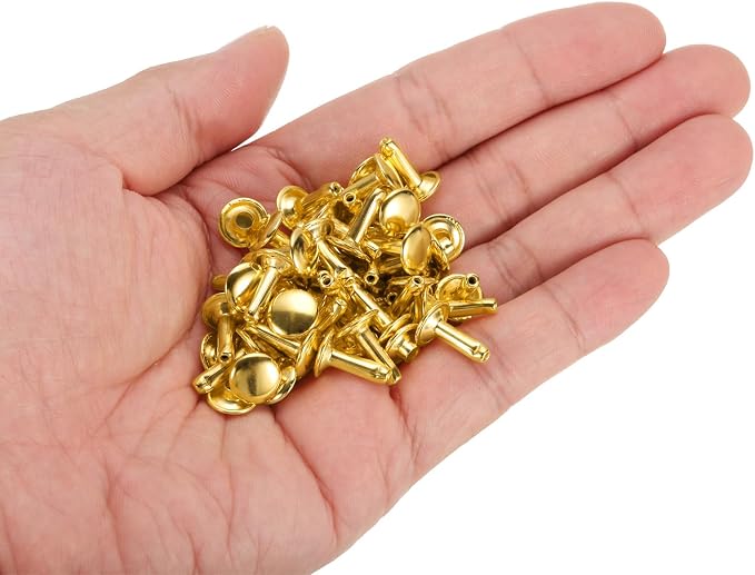 HARFINGTON 100 Sets Double Cap Leather Rivets, 9x12mm Round Cap Tubular Metal Studs Leather Crafting Rivets for Fabric Belt Pet Collar Boot Bag Repair and Decoration, Gold