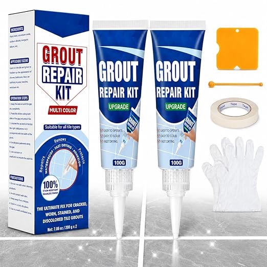 Tile Grout Repair Kit, 2 Pack Fast Drying Grout Filler for Bathroom, Kitchen, Shower, Versatile Triple Use with Grout Sealer, Replace Grout Pen for Restore and Renew Tile Joints Line(White)