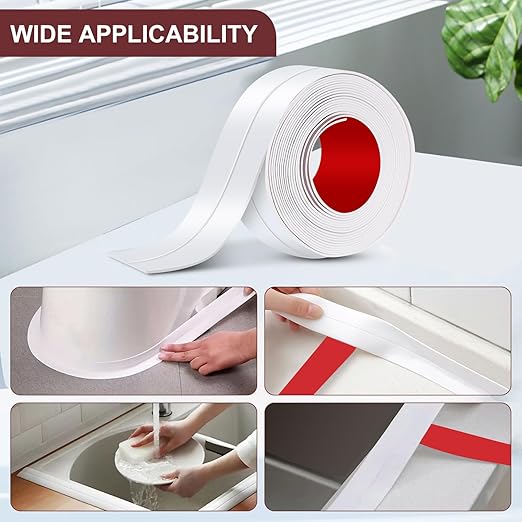White Caulk Tape Sealant - 1 Roll Waterproof Self-Adhesive Tub & Wall Sealing Strip for Bath & Kitchen Shower Corner Sink Edge Toilet Base