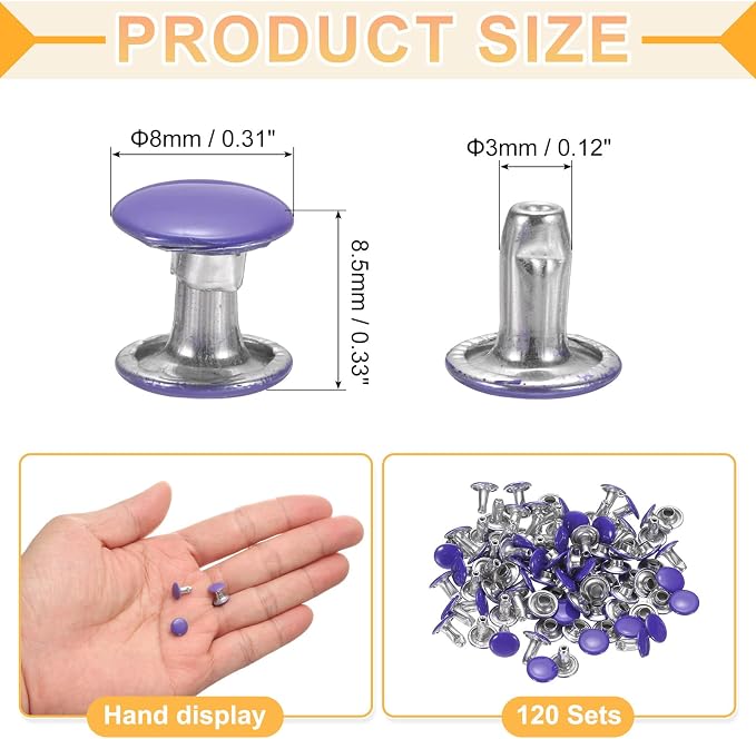 uxcell 120Set Leather Rivets, 8mm Double Cap Rivet Tubular Metal Studs Repairs Decoration Craft Accessories for Repair Decorate Leather Craft Belt Bag Shoes Purse Belts, Purple