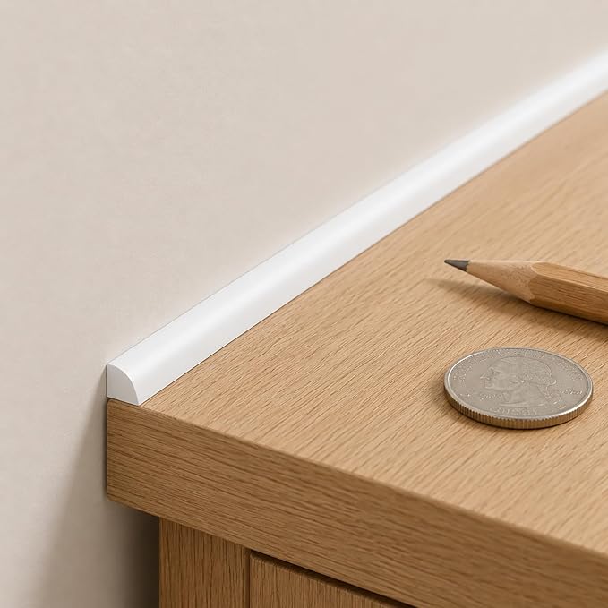 0.25" x 0.25" Mini Quarter Round Molding,20FT Self Adhesive Flexible Trim for Small Gaps, Countertop Wall Seam, Window Sill, Desk & Cabinet Edge, Peel and Stick Finishing Strip