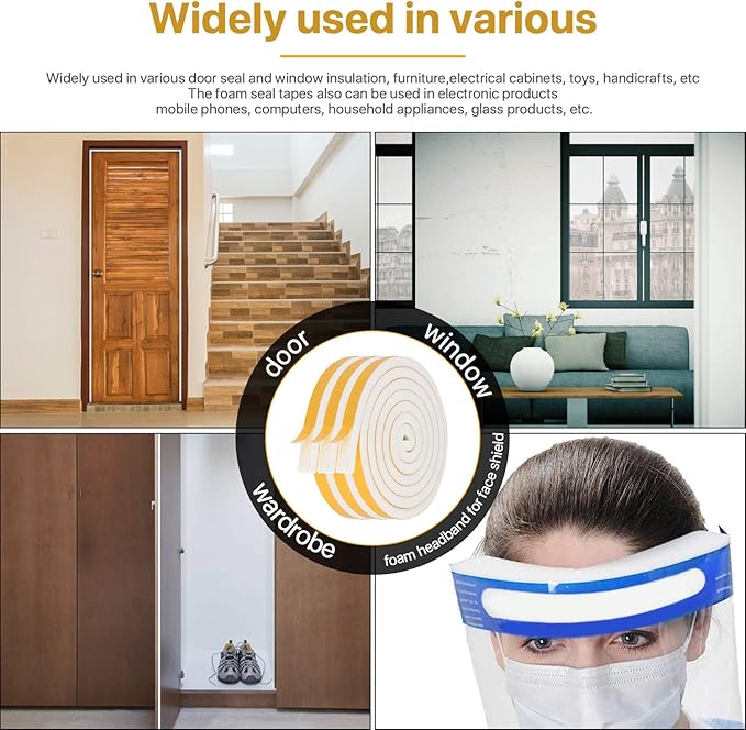 Door Weather Stripping-3 Rolls, 1/2 Inch Wide X 1/2 Inch Thick Total 20 Feet Long, Adhesive Foam Seal Tape for Window Insulation(6.5ft x 3 Rolls)