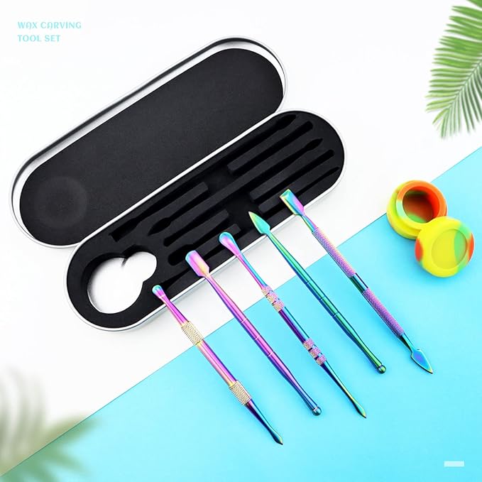YETOOME 6 Pcs Wax Carving Tool Set with 5 ml Silicone Container and Portable Metal Case, Double-Ended Carving Tool Stainless Steel Wax Sculpting Tools for Wood, Wax, Clay, Pottery, Rainbow Color