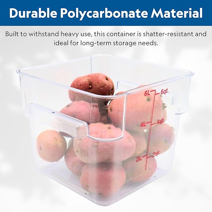FSE Square Food Container, 6 Quart, Polycarbonate, Reusable, Clear, NSF, (LID SOLD SEPARATELY)