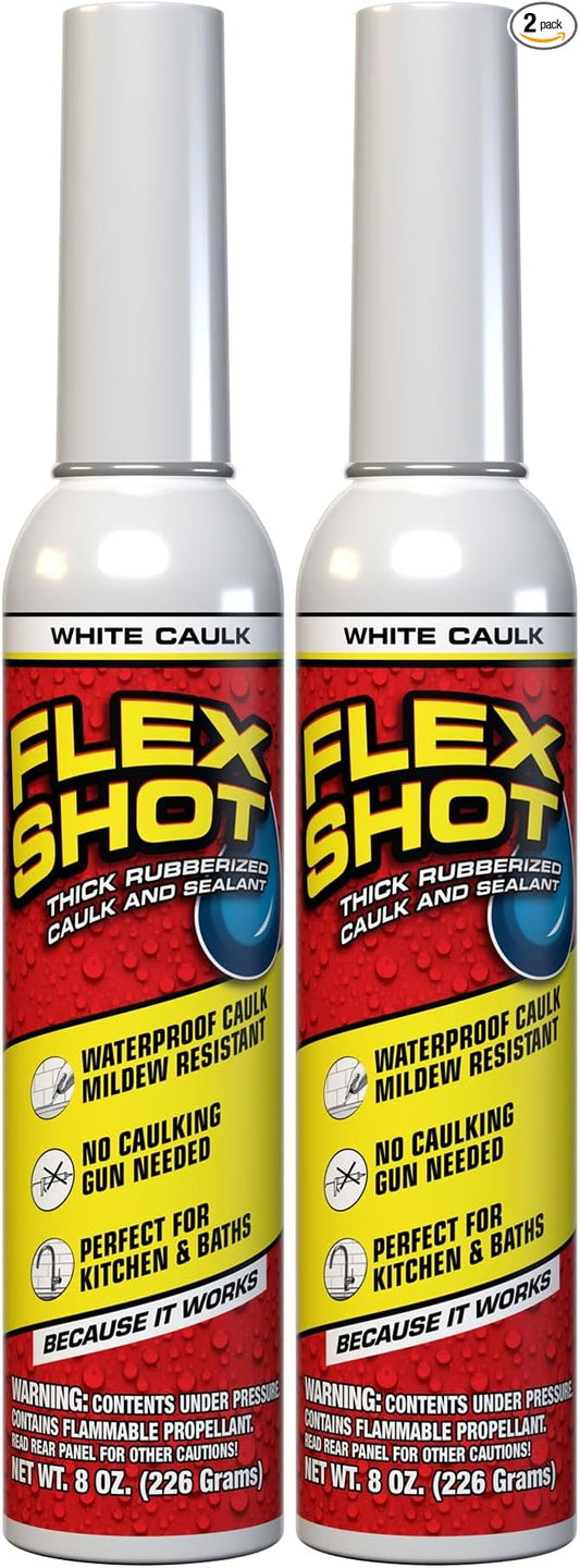 Flex Shot, Flexible Rubber Silicone Sealant, Waterproof Caulk, UV Resistant, No Caulk Gun Needed, Perfect for Kitchen, Bath, Showers, Sinks, Baseboards, White, 8oz, 2-Pack