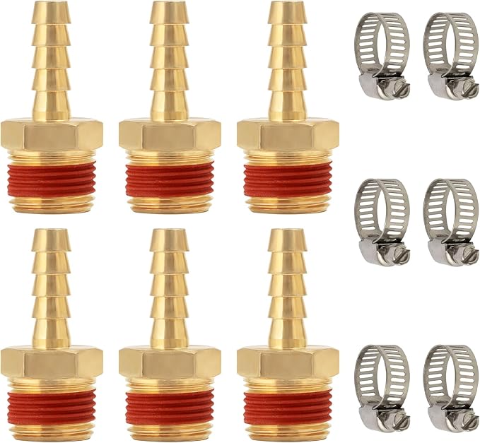 SUNGATOR 6-Pack 1/4" Barb to 1/8" NPT Air Hose Fittings, Brass Air Hose Repair Kit with Sealant, 1/4" to 1/8" NPT Male Brass Fittings, Barbed Gas Line Repair Connectors with 6 Clamps