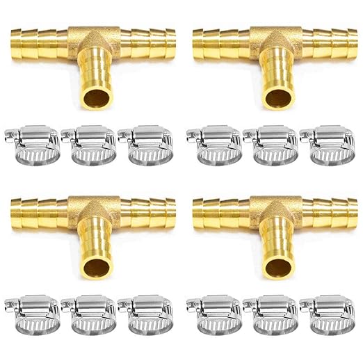 Da by 4 pcs 3/8"(10mm) Brass Tee Barb Fittings for 3/8" ID Hose,12 pcs Stainless Steel Pipe Clamps,3 Way Union Intersection for Water/Fuel/Air(T)