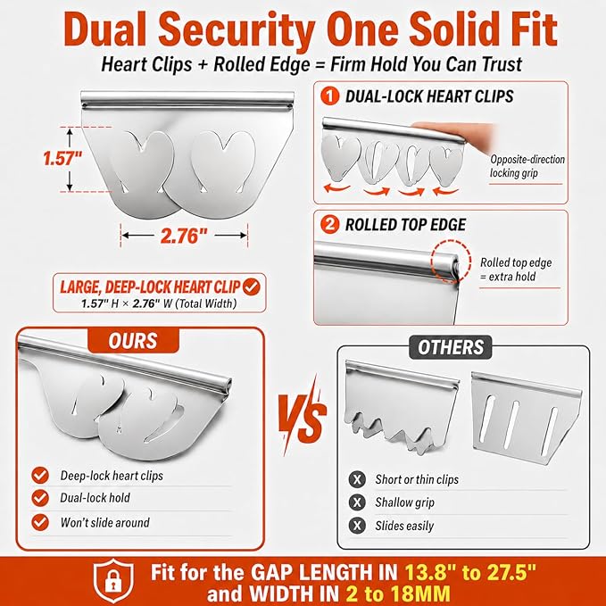 Stainless Steel Stove Gap Covers, 2 Pack Extendable Stove Gap Filler 13.8"-27.5", 0.79" Wide, Deep-Lock Heart Clips, Heat Resistant Range Trim Kit for Kitchen Counter Gaps, Silver
