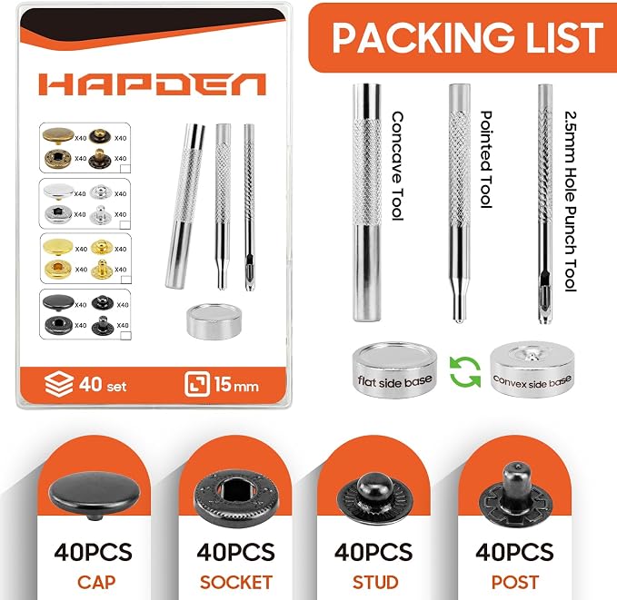 Leather Snaps and Fasteners Kit，15mm 40 Sets Metal Snap Buttons with Setter Tools， Sewing Snaps for Clothing，Fabric，Leather, Clothes, Jackets, Bags, DIY Crafting Black Snaps