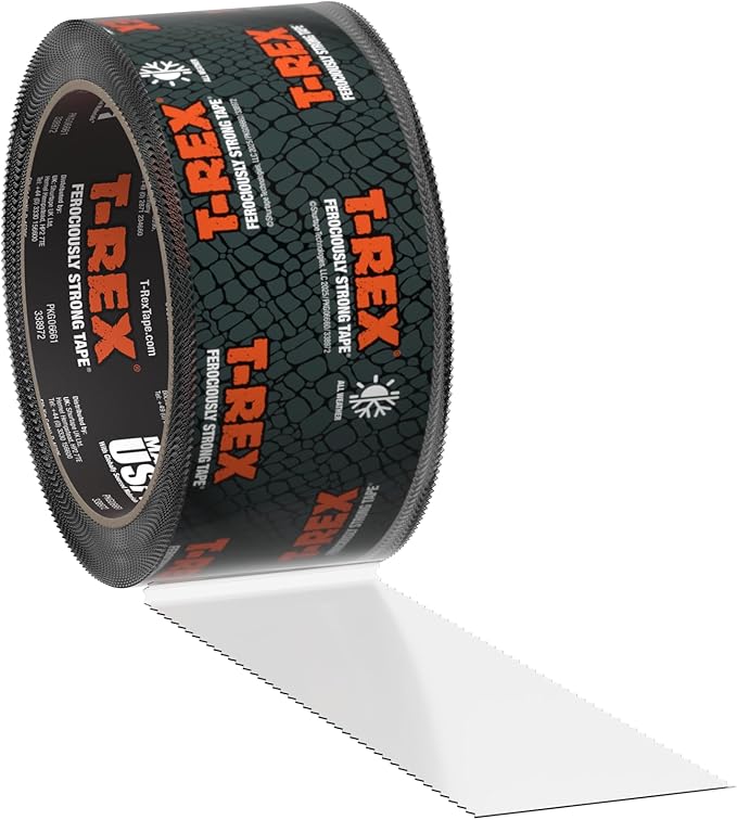 T-Rex Ferociously Strong Clear Repair Tape - Tears Easily by Hand - 1.88 Inch x 20 Yard Crystal Clear Tape for Discreet Fixes - All Weather & UV Resistant - Indoor/Outdoor (243155)