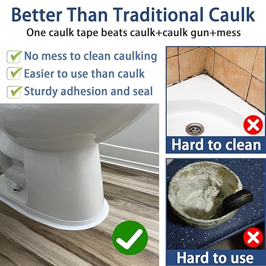 Caulk Tape - Updated Enhanced Adhesive, Caulk Tapes Waterproof Self Adhesive, Traditional Caulking Sealant Replacement, Caulking Strips for Toilet, Bathroom, Sink, Bathtub, Floor Wall Edge Protector