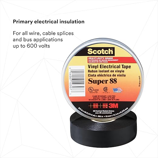 3M Scotch Vinyl Electrical Tape Super 88, 3/4 in x 44 ft, Black, 1 roll, Premium Grade, Rubber Resin Adhesive, PVC Backing, All-Season Heavy Duty Electric Tape