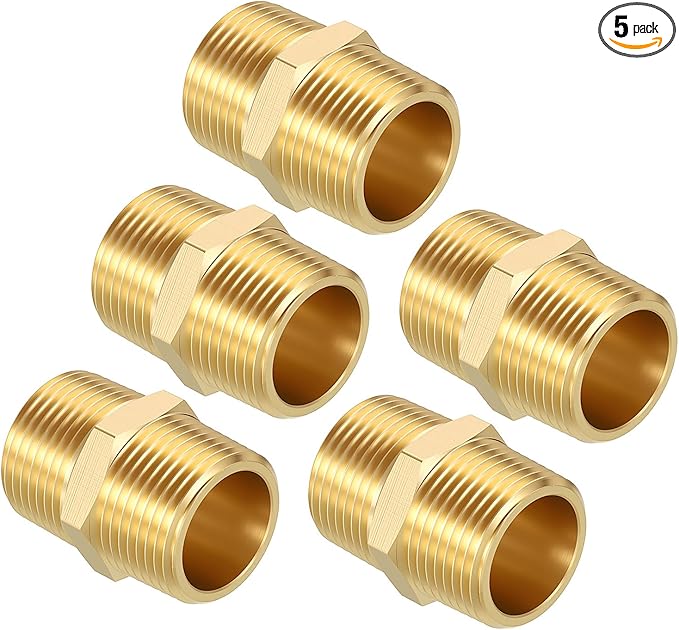Pack of 5, 3/4" Male NPT to 3/4" Male NPT Solid Brass Hex Nipple Hose Connectors, Male Pipe Adapter for Pipe Leak Repair, Bathroom Remodeling, Tool Extensions, Compression