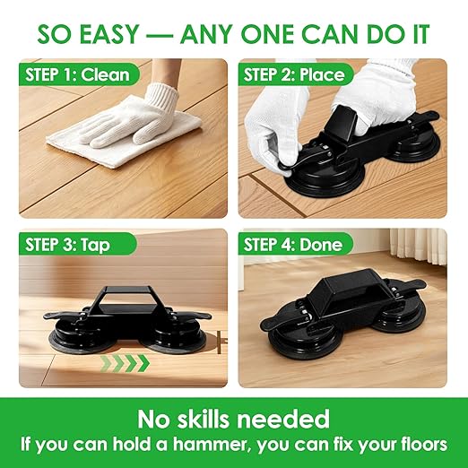 Floor Gap Fixer Tool for Laminate Floor Gap Repair, Heavy Duty Dual Suction Cups with 45° Striking Surface, Includes Rubber Mallet, Sticky Pads & Gloves for Vinyl Plank, LVP & Hardwood