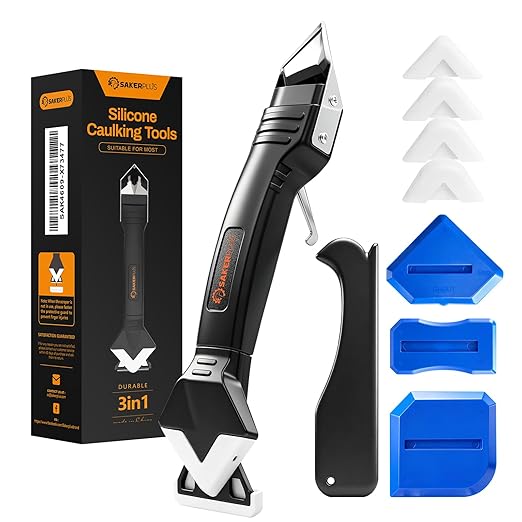 Sakerplus 3-in-1 Silicone Caulking Tools,Caulk Remover Tool and Caulk Finishing Tool Kit with Silicone Smoother,Nozzle Needle for Kitchen Bathroom Window Sink (Classic with Scraper)