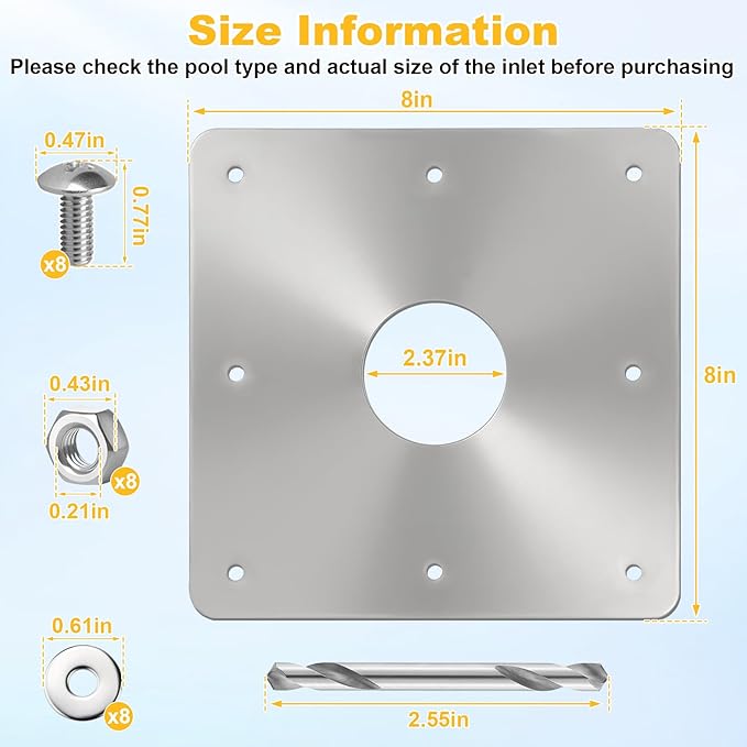 8x8-Inch Pool Water Return Repair Kit for Above Ground Pools Wall Repair Kit, Pool Skimmer Wall Repair Panel Kit with 2-3/8" Thru Hole, Drill Bit & Hardware for Rust at The Water Return Fitting