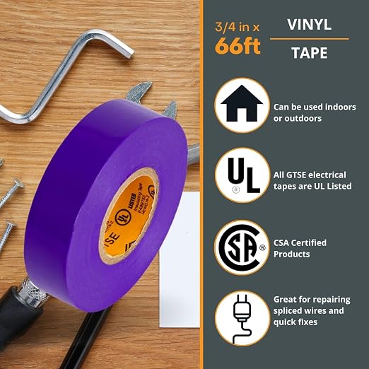 GTSE Purple Electrical Tape, 1 Roll – Waterproof, Industrial Grade Vinyl, 3/4 in x 66ft– Strong Self-Adhesive PVC Electric Tape for Wire Insulation, 7 Mil, 600V – UL/CSA Listed