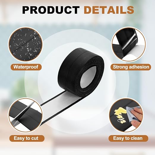 uxcell Caulk Tape Waterproof, 0.83 Inch x 4.92 ft Self-Adhesive Sealant Sealing Strip Caulking Sealant Tape PVC with Tool for Kitchen Sink Toilet Bathroom Bathtub Floor, Black