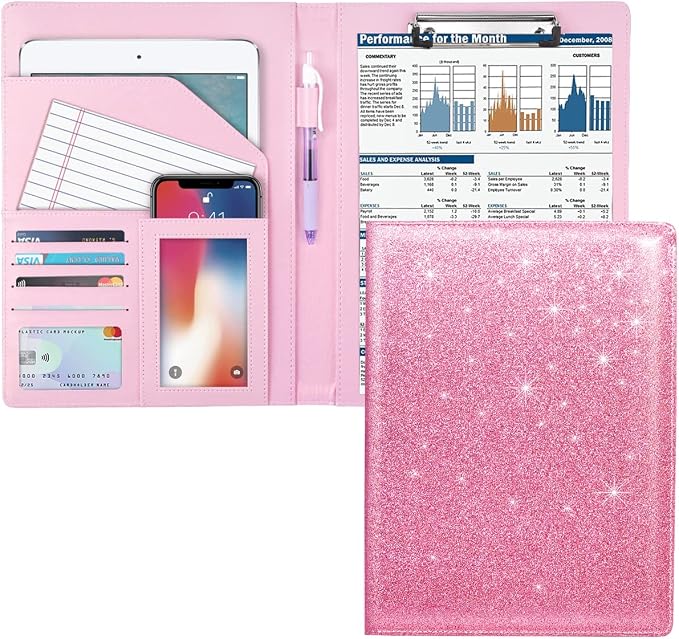 Padfolio Business/Resume Portfolio Folder, Leather Interview Portfolio Business Portfolio Portfolio Organizer with Legal Pad Folder Clipboard,Interview Folder for Men/Women, Glitter Pink