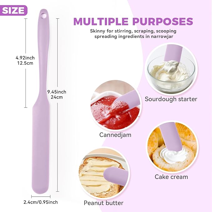 Silicone Jar Spatula Set of 5, Long Handle Skinny Spatula and Spurtle for Sourdough Starter, Flexible Jar Scraper for Peanut Butter, Jam, Icing, Cream with No Batter Left Behind (5)