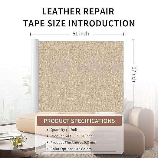 Leather Repair Patch Tape, Light Beige 17 x 61 Inches Self Adhesive Leather Repair Kit for Furniture, Car Seat,Vinyl Leather Repair Kit for Office Chairs, Bags, Luggage