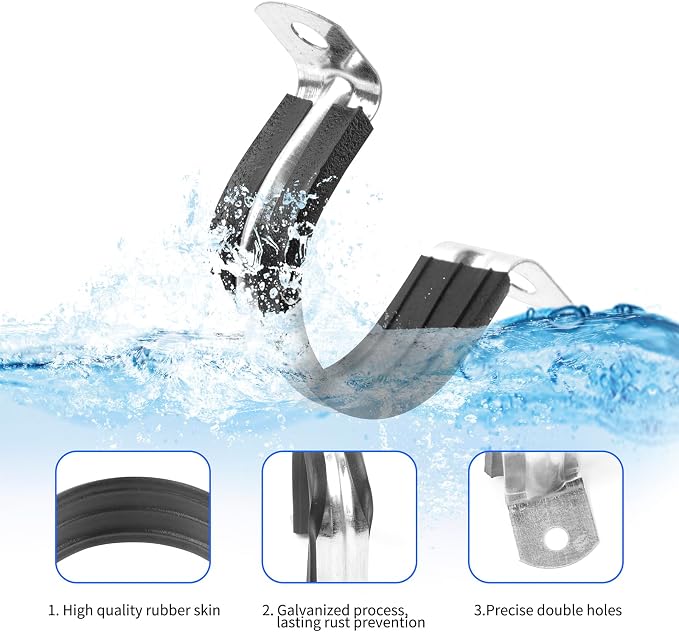 3/4 Inch Reinforced Rigid Pipe Strap, 2 Holes U Bracket Cable Clamp Hanger, Rubber Cushioned Insulated Clamp, Conduits Strap Clamps for Pipe Fixing on Various Surfaces, 10 PCS(20mm)