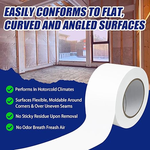 Bghdas 12 Roll, White Vapor Barrier Tape, 4" Wide x 180' Long, PE 9 mm Polyethylene Tape, for Stucco Waterproof Moisture Barriers Seal and Seam, for Crawlspaces, Insulation Repairs & Plastic Liners