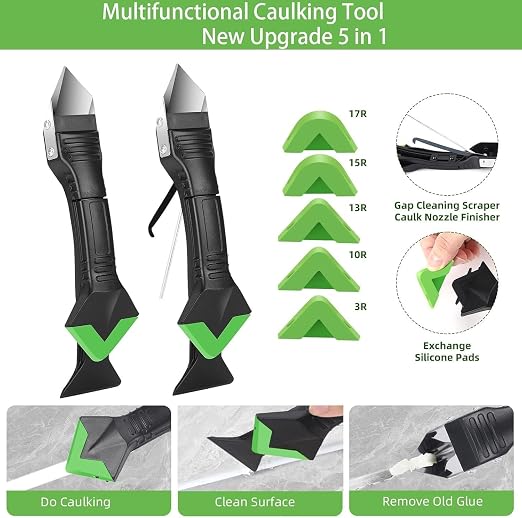 5 in 1 Silicone Caulk Remover Tool with 6 Replaceable Silicone Pads, Grout Scraper, Caulk Nozzles & Cleaning Tools, Reusable Sealant Finishing Tool for Kitchen Bathroom Window Tile Sink Seam Repair