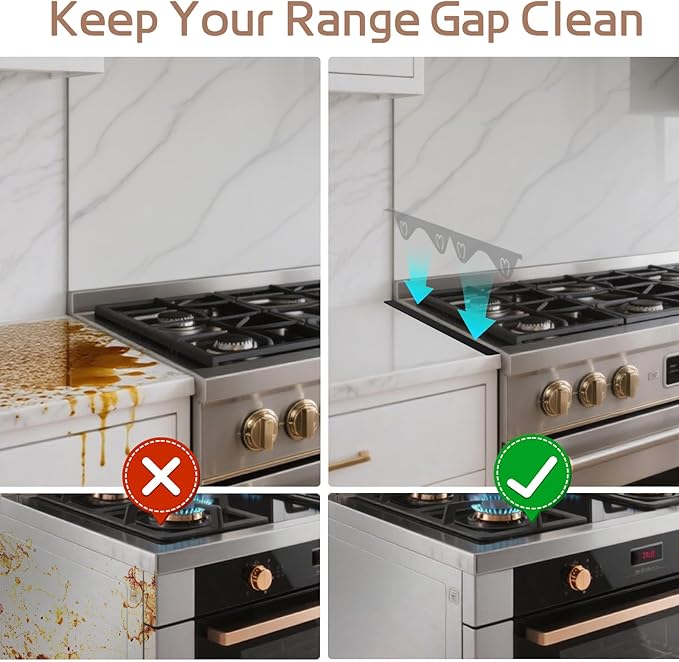 Stainless Steel Stove Gap Covers, 2 Pack Extendable Stove Gap Filler 13.8"-27.5", 0.79" Wide, Deep-Lock Heart Clips, Heat Resistant Range Trim Kit for Kitchen Counter Gaps, Black
