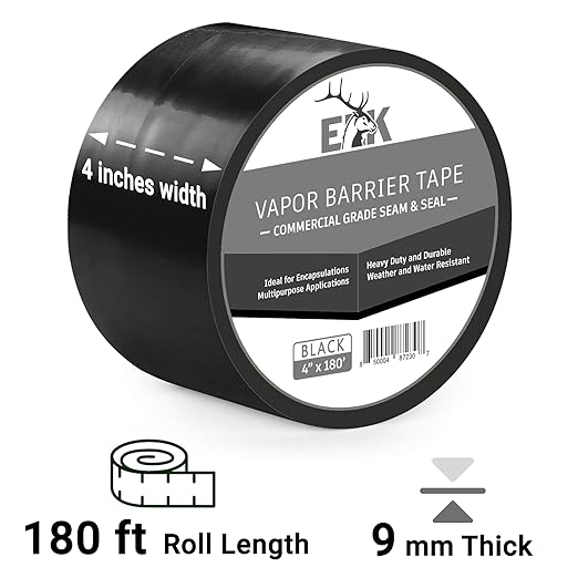 ELK Vapor Barrier Tape - 4” x 180ft - PE 7mm Polyethylene Seam Tape - Moisture Barrier Seam & Seal for Crawlspace Encapsulations or Waterproof Marine Tape - Black