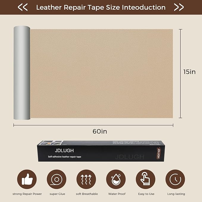 JDLUGH Sofa Leather Repair Patch Tape 15x60 Inch Large Self Adhesive Leather Sofa, Car Seat, Leather Furniture, Vinyl Repair Patch Kit (15x60 Inch, Beige/Dark Beige)