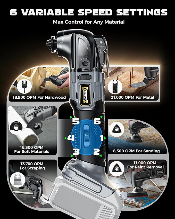 Cordless Oscillating Tool for Dewalt 20V Battery, 6 Variable Speed Brushless-Motor Tool, Oscillating Multi Tool Kit for Cutting Wood Drywall Nails Remove Grout & Sanding(Battery Not Included)