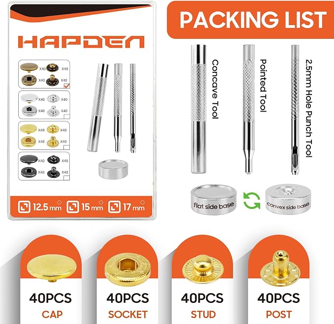 Leather Snaps and Fasteners Kit，12.5mm 40 Sets Metal Snap Buttons with Setter Tools， Sewing Snaps for Clothing，Fabric，Leather, Clothes, Jackets, Bags, DIY Crafting （Gold）