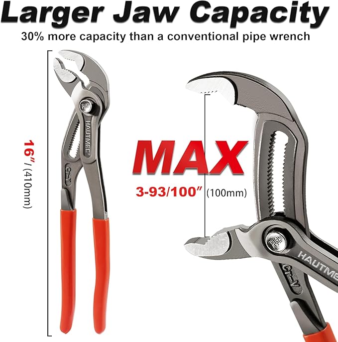 HAUTMEC 16-Inch Water Pump Pliers, Fast Adjustable Tongue and Groove Joint Pliers, V-Jaw with Comfort Grips, Rust-Proof CRV Steel Construction for Plumbing, Home Repair, and Pipe Fittings HT0369-PL